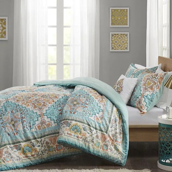 FULL/QUEEN Deliah 4 Piece Teal Green Medallion Print Comforter Set - Picture 2 of 3